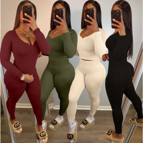 Women's clothing new solid color pit strip thread long long sleeve V-neck solid color two-piece suit HT6075