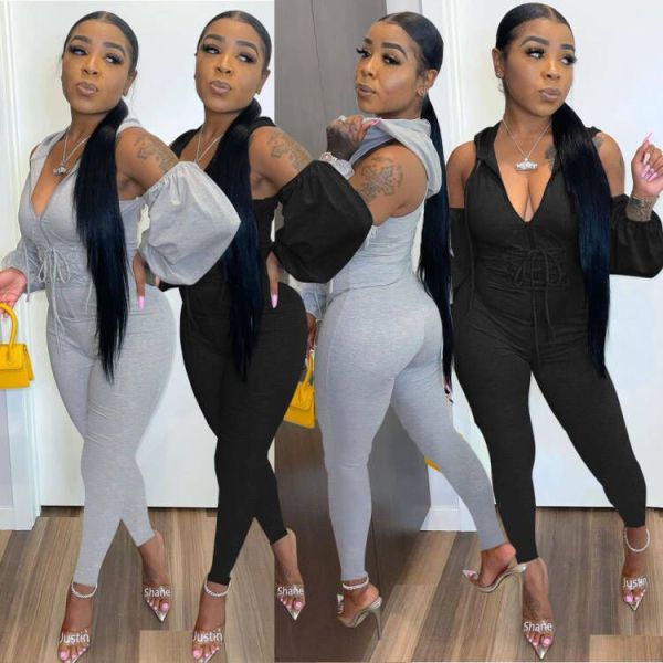 Autumn long-sleeved temperament V-neck zipper stitching solid color skinny jumpsuit L754