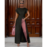Women's round neck short sleeve high split zipper solid color sexy dress GL6121