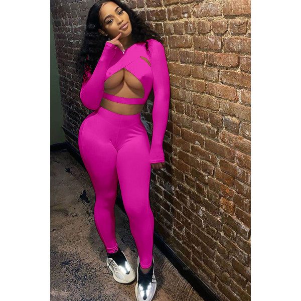 Nightclub solid color sexy cross hollow sports two-piece suit GL6396 