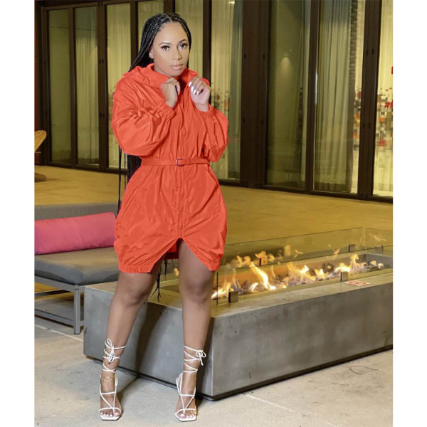 Nightclub wear Fashion slit windbreaker cloth hooded zipper dress GL6512
