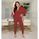 Fashion sexy bat sleeve solid color deep V-neck ruffled jumpsuit WY6841