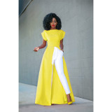 Women's round neck short sleeve high split zipper solid color sexy dress GL6121