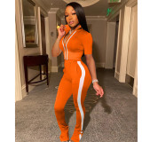 Women's solid color stitching sports and leisure short-sleeved trousers two-piece suit AC8285