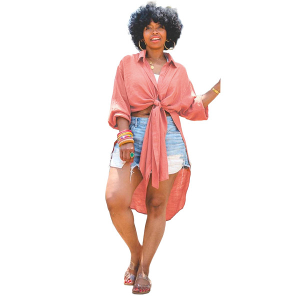 Nightclub solid color rayon button slit long shirt dress GL6397