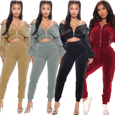 Fashion sexy solid color bat sleeve pants suit top with zipper pocket WY6844