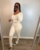 Women's clothing new solid color pit strip thread long long sleeve V-neck solid color two-piece suit HT6075