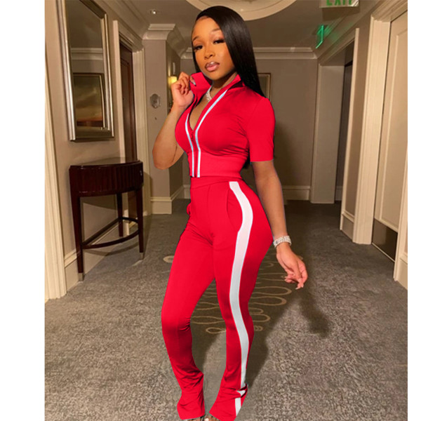 Women's solid color stitching sports and leisure short-sleeved trousers two-piece suit AC8285