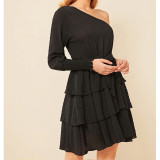 Sexy slanted shoulder irregular ruffled strap cake skirt dress GL6159
