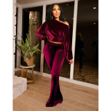 Nightclub Flannel Shoulder Lantern Sleeve Pocket Flared Pants Set GL6517