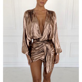 Nightclub pit strip hot stamping zipper deep V-neck sexy short skirt dress GL6087