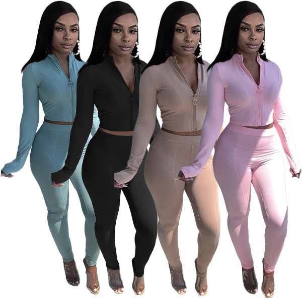 Women's autumn new solid color long-sleeved jacket fashion casual two-piece suit AC8307