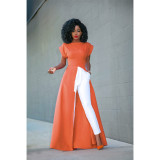 Women's round neck short sleeve high split zipper solid color sexy dress GL6121