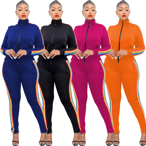 Fashion solid color blouse with double zipper, trousers with hidden zipper, two-piece suit WY6858