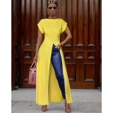 Women's round neck short sleeve high split zipper solid color sexy dress GL6121