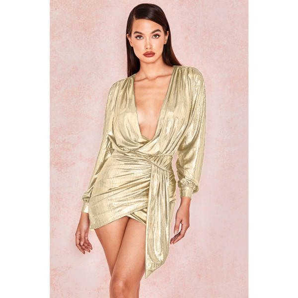 Nightclub pit strip hot stamping zipper deep V-neck sexy short skirt dress GL6087