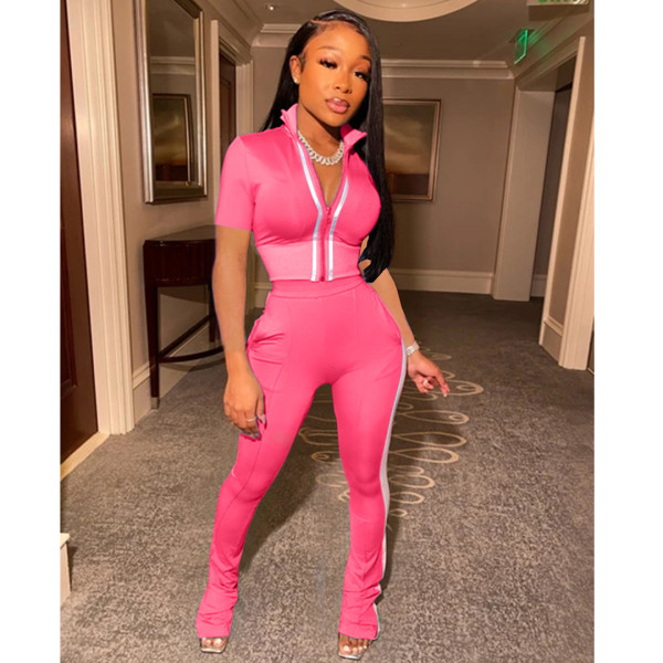 Women's solid color stitching sports and leisure short-sleeved trousers two-piece suit AC8285