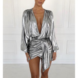 Nightclub pit strip hot stamping zipper deep V-neck sexy short skirt dress GL6087