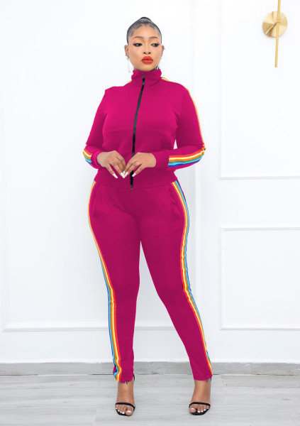 Fashion solid color blouse with double zipper, trousers with hidden zipper, two-piece suit WY6858