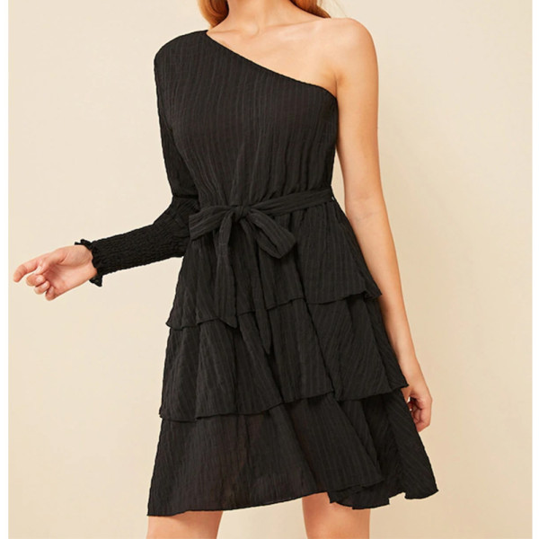 Sexy slanted shoulder irregular ruffled strap cake skirt dress GL6159