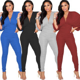 Fashion sexy bat sleeve solid color deep V-neck ruffled jumpsuit WY6841