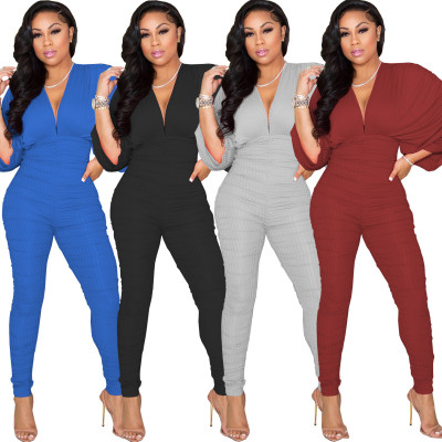 Fashion sexy bat sleeve solid color deep V-neck ruffled jumpsuit WY6841