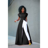 Women's round neck short sleeve high split zipper solid color sexy dress GL6121