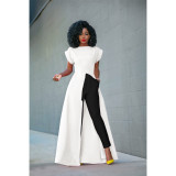 Women's round neck short sleeve high split zipper solid color sexy dress GL6121