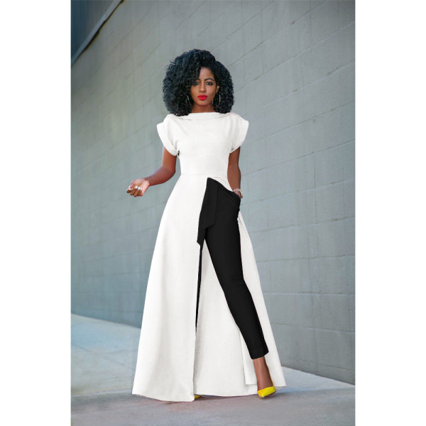 Women's round neck short sleeve high split zipper solid color sexy dress GL6121