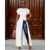 Women's round neck short sleeve high split zipper solid color sexy dress GL6121