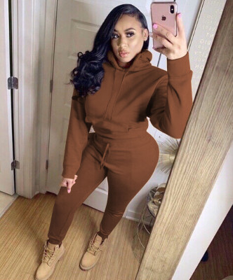 Women's Sweatshirt Solid Color Hooded Two-Piece Set FM6178