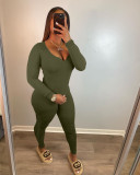 Women's clothing new solid color pit strip thread long long sleeve V-neck solid color two-piece suit HT6075