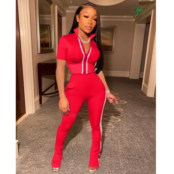 Women's solid color stitching sports and leisure short-sleeved trousers two-piece suit AC8285