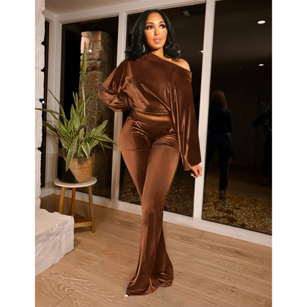 Nightclub Flannel Shoulder Lantern Sleeve Pocket Flared Pants Set GL6517