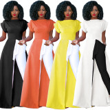 Women's round neck short sleeve high split zipper solid color sexy dress GL6121