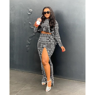 Nightclub fashion front short back long lotus leaf blouse split skirt suit GL6515