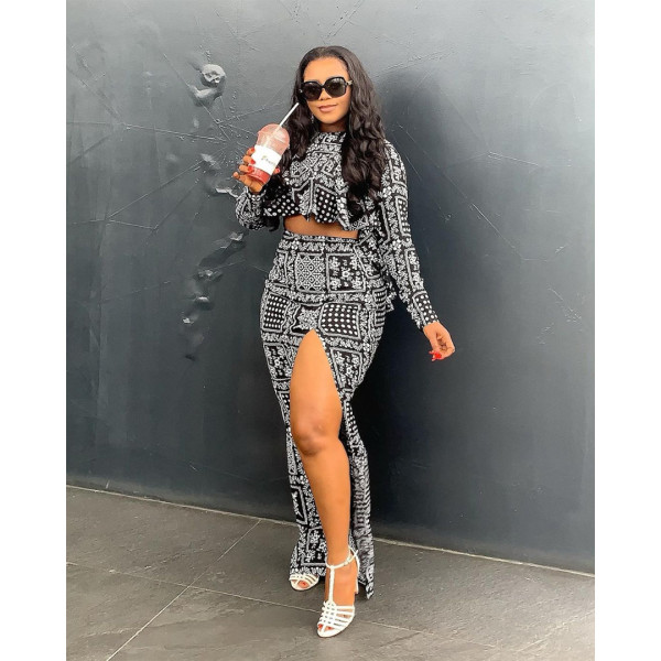 Nightclub fashion front short back long lotus leaf blouse split skirt suit GL6515