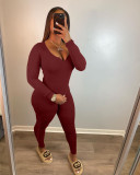 Women's clothing new solid color pit strip thread long long sleeve V-neck solid color two-piece suit HT6075
