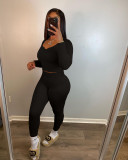 Women's clothing new solid color pit strip thread long long sleeve V-neck solid color two-piece suit HT6075