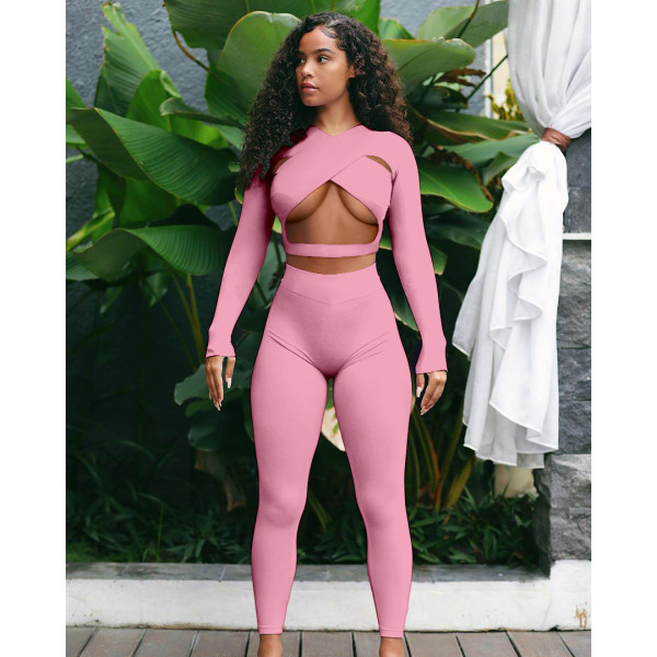 Nightclub solid color sexy cross hollow sports two-piece suit GL6396 