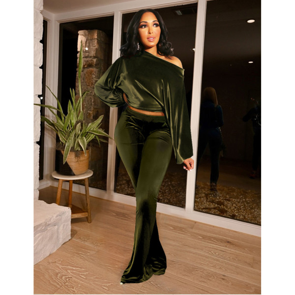 Nightclub Flannel Shoulder Lantern Sleeve Pocket Flared Pants Set GL6517