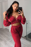 Fashion sexy solid color bat sleeve pants suit top with zipper pocket WY6844