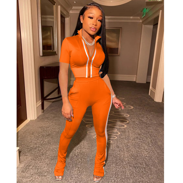 Women's solid color stitching sports and leisure short-sleeved trousers two-piece suit AC8285