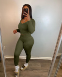 Women's clothing new solid color pit strip thread long long sleeve V-neck solid color two-piece suit HT6075