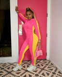 Women's front and back stitching color matching, pocket zipper hood, pleated hip-lifting sports suit HT6055