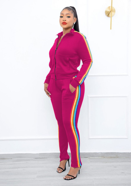 Fashion solid color blouse with double zipper, trousers with hidden zipper, two-piece suit WY6858
