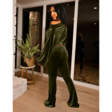 Nightclub Flannel Shoulder Lantern Sleeve Pocket Flared Pants Set GL6517