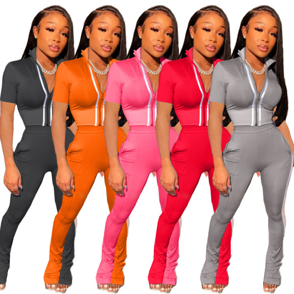 Women's solid color stitching sports and leisure short-sleeved trousers two-piece suit AC8285