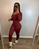 Women's clothing new solid color pit strip thread long long sleeve V-neck solid color two-piece suit HT6075