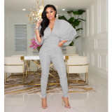 Fashion sexy bat sleeve solid color deep V-neck ruffled jumpsuit WY6841
